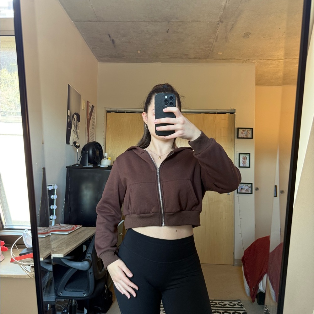 Brown Cropped Zip-Up Hoodie